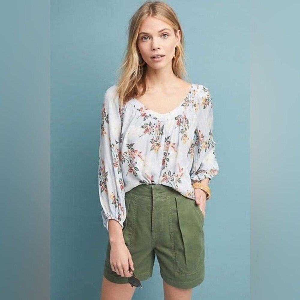 Anthropologie MAEVE Floral Boswell Popover Blouse Striped Pleated Blue Size 4